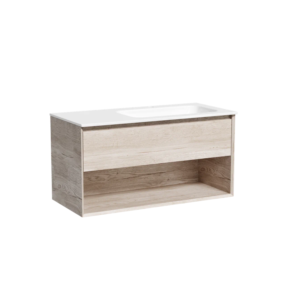 Тумба подвесная SANCOS Marmi 1.0 правая, 995х445х520, c одним ящиком оснащенным доводчиками скрытого монтажа и открытой нишей, дуб галифакс натуральный, арт. MR1.0100REG