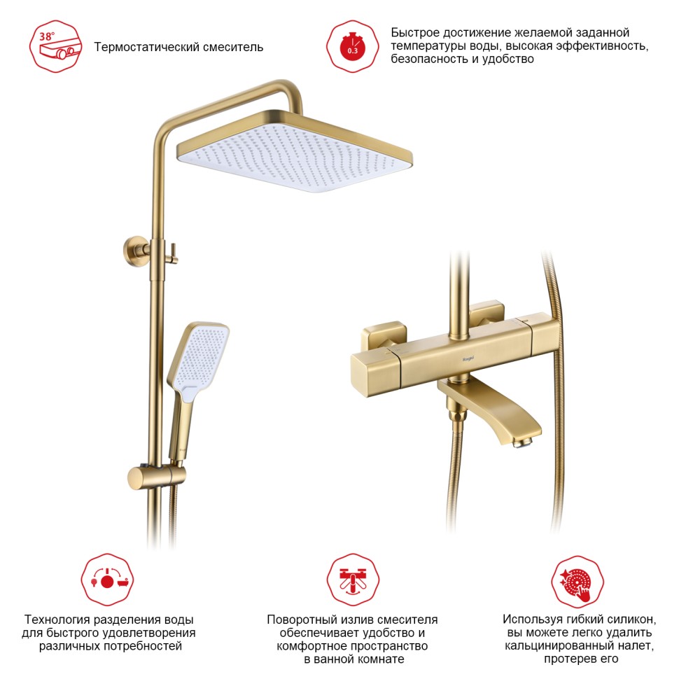 Душевая система Raglo с термостатом для ванны золотой сатин