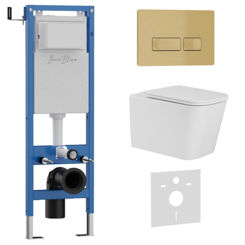 Комплект 3в1 IBERICA BLANCA инсталляция SILENCIO MINI, унитаз TOLEDO ALTO белый, кнопка смыва ESTI-R золото матовое (IB.001M.TLA.231.215)