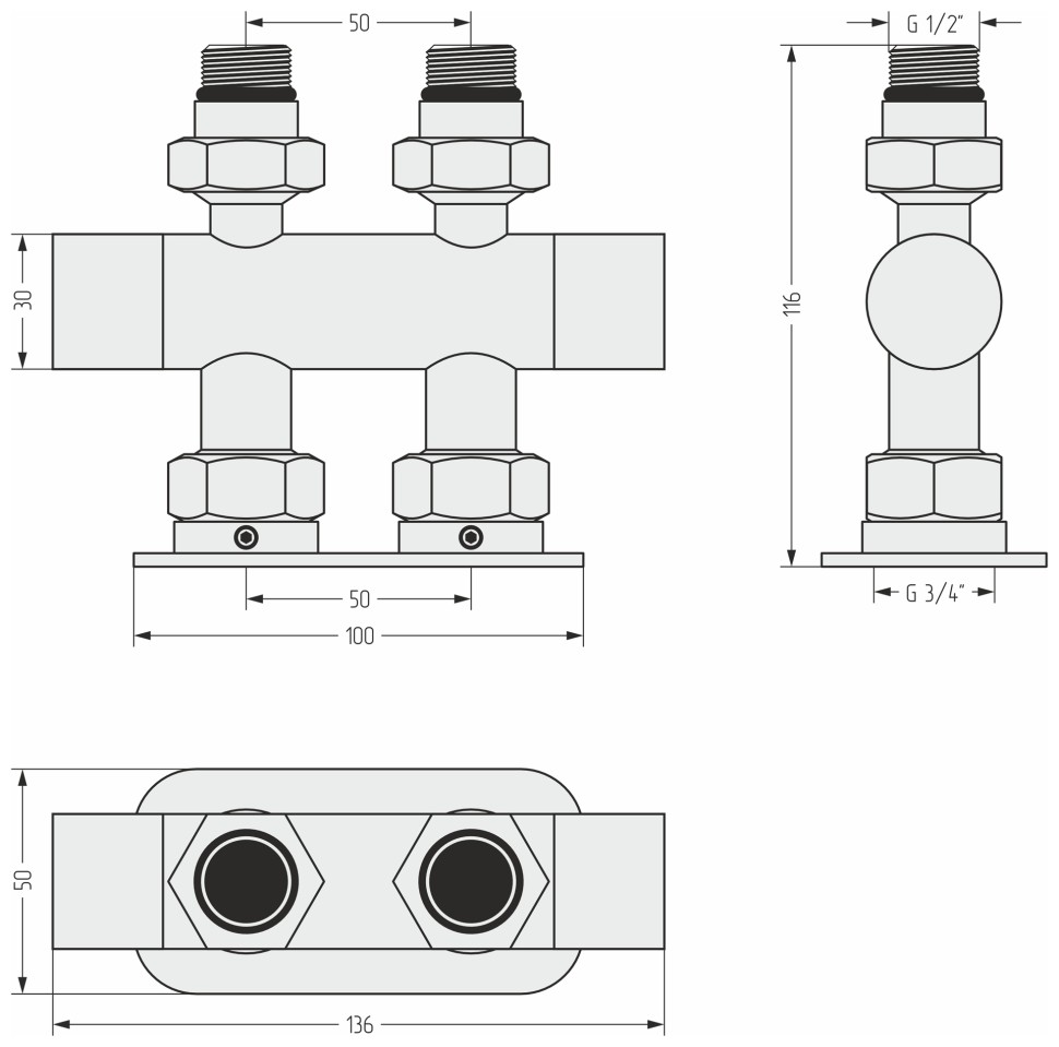 Вентиль прямой EU50 (2 х G 1/2" НР х G 3/4" НГ)