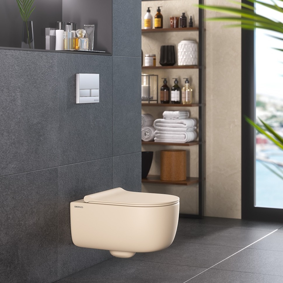 Унитаз подвесной BERGES EGO XL, матовый жасмин, микролифт, быстросъёмное