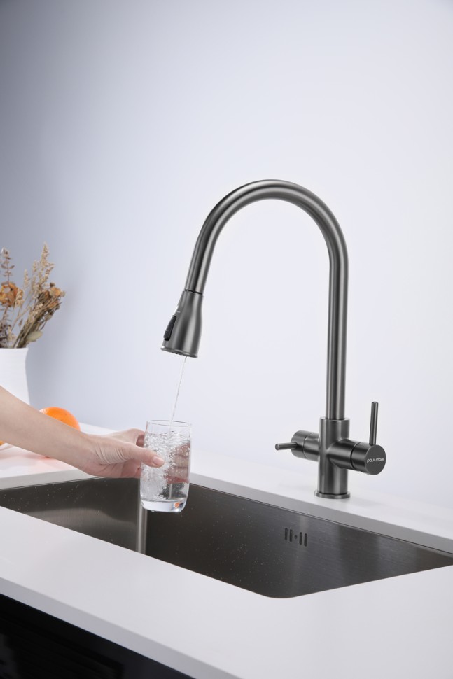 Смеситель для кухни Lange, вороненая сталь, La214212-GM, Paulmark
