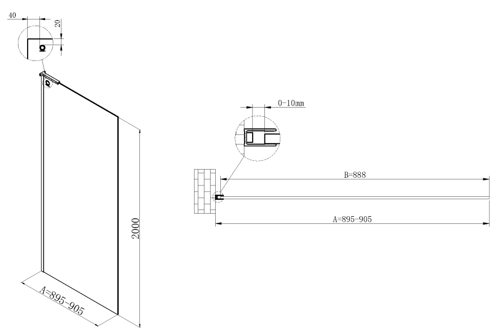Душевая перегородка Walk-In VSW-7HA900CLB, 900*2000, черный матовый, стекло прозрачное