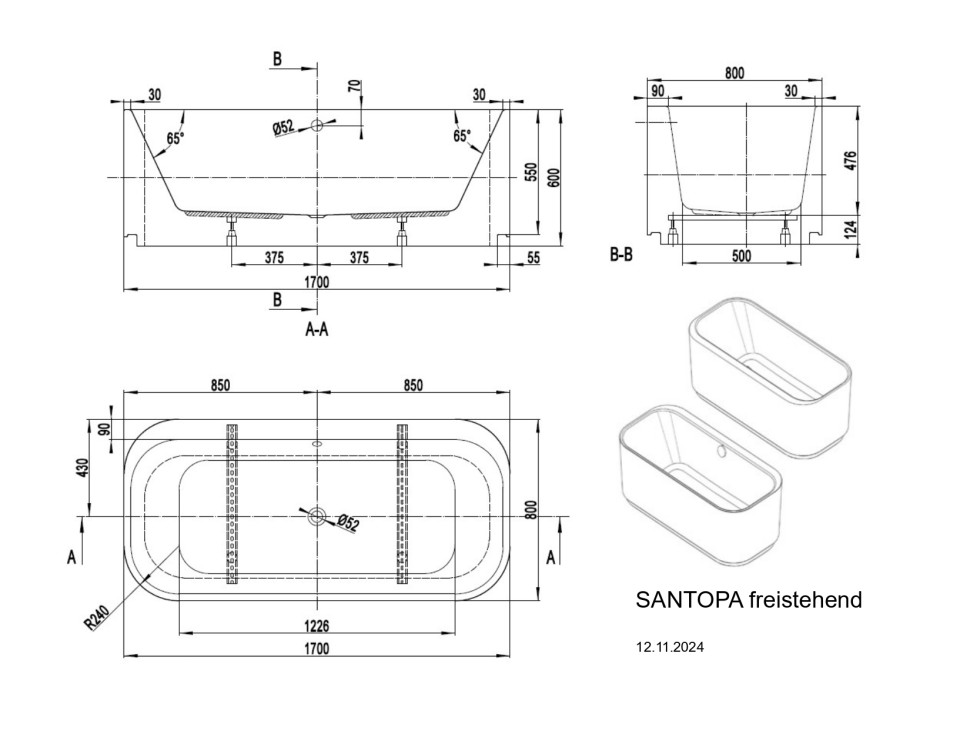 Акриловая ванна VAGNERPLAST SANTOPA 170x80 free