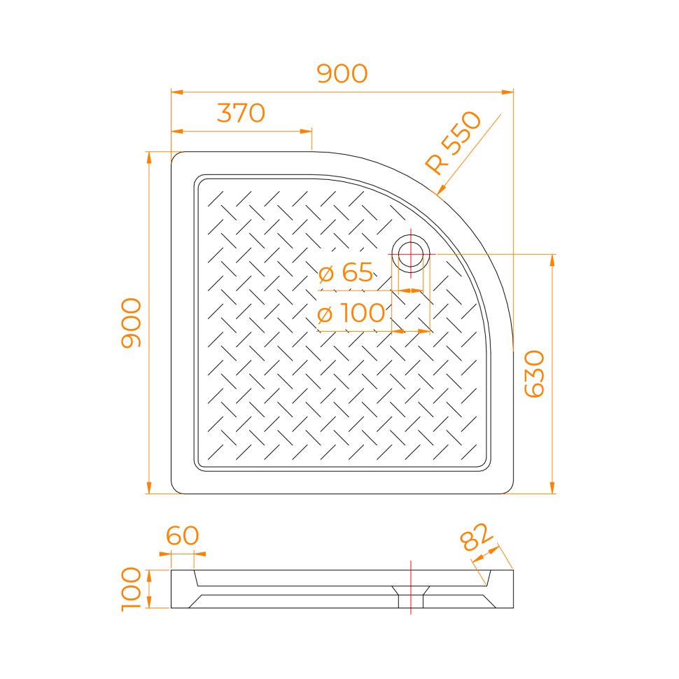 Поддон для душа полукруглый керамический RGW CR/R (900x900)