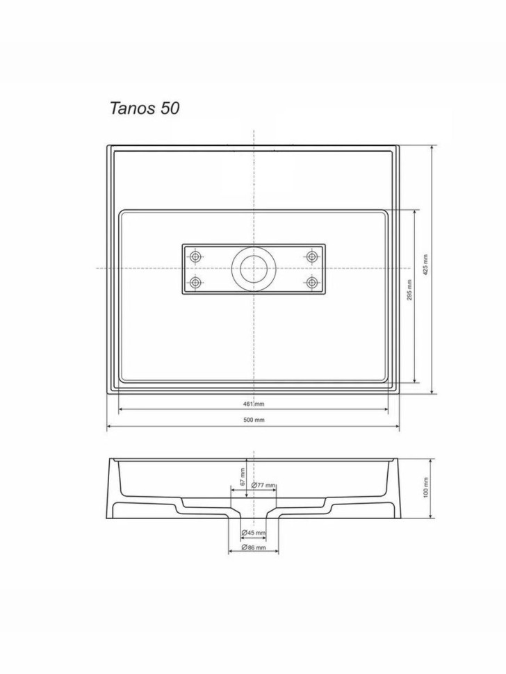Раковина накладная прямоугольная, Uperwood Tanos Quartz 50 см, без отверстия для смесителя, черная, уголь