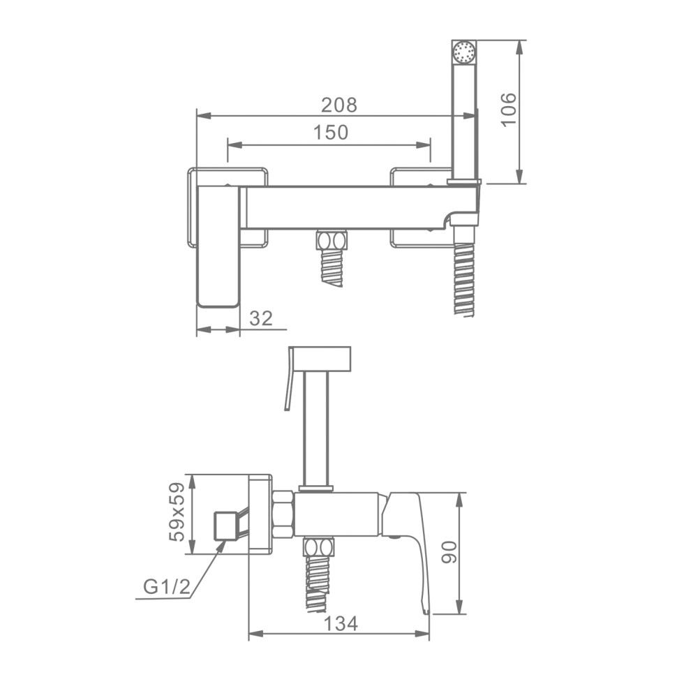 Смеситель Raglo настенный с гигиеническим душем золотой сатин