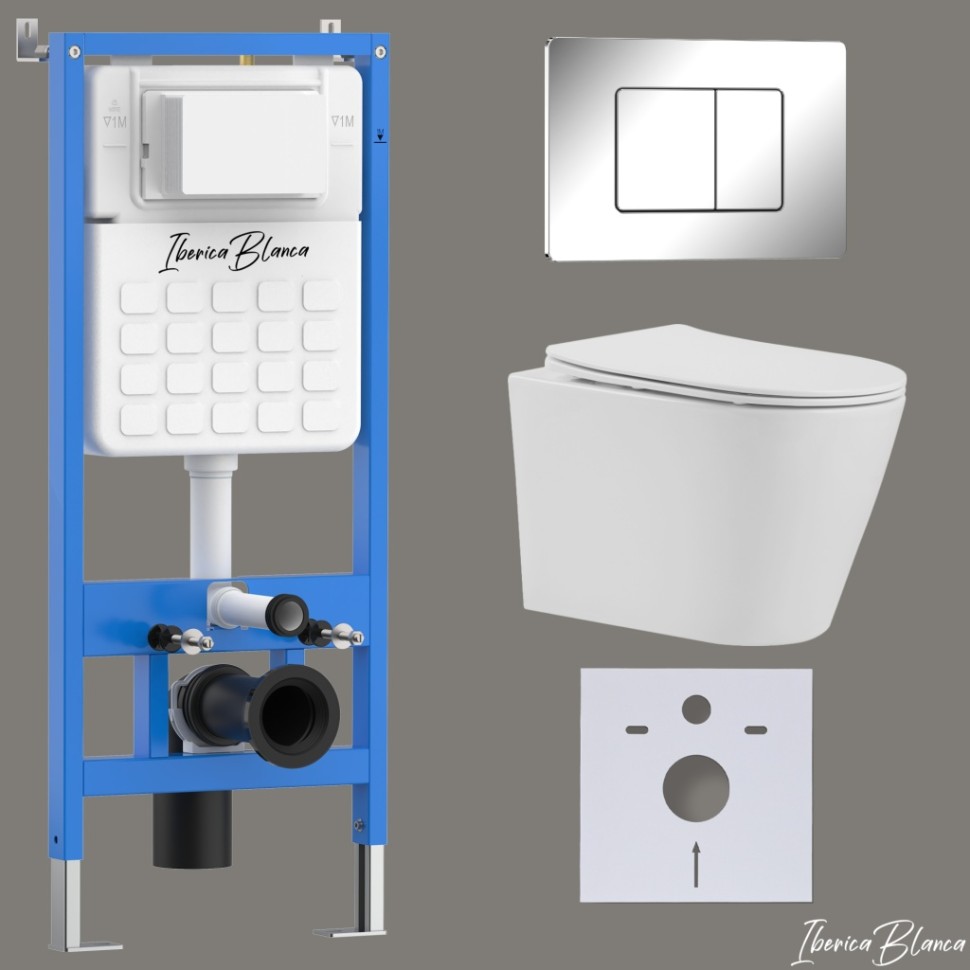 Комплект 3в1 IBERICA BLANCA инсталляция SILENCIO, унитаз BURGOS ALTO белый, кнопка смыва INOX-C хром глянцевый (IB001.BRA.231.1131)
