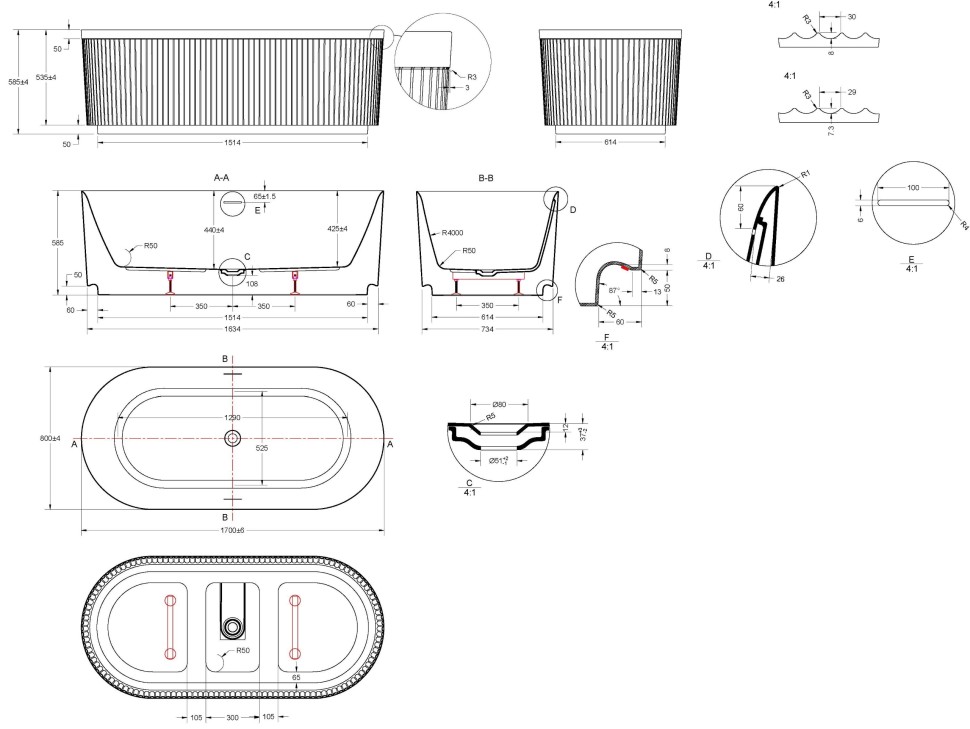 Ванна акриловая Vincea VBT-709-1700, 1700*800*585, цвет белый, щелевой перелив, слив белый
