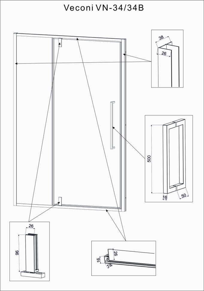 Душевая дверь Veconi Vianno VN-34B, 1100x1950, черный, стекло прозрачное