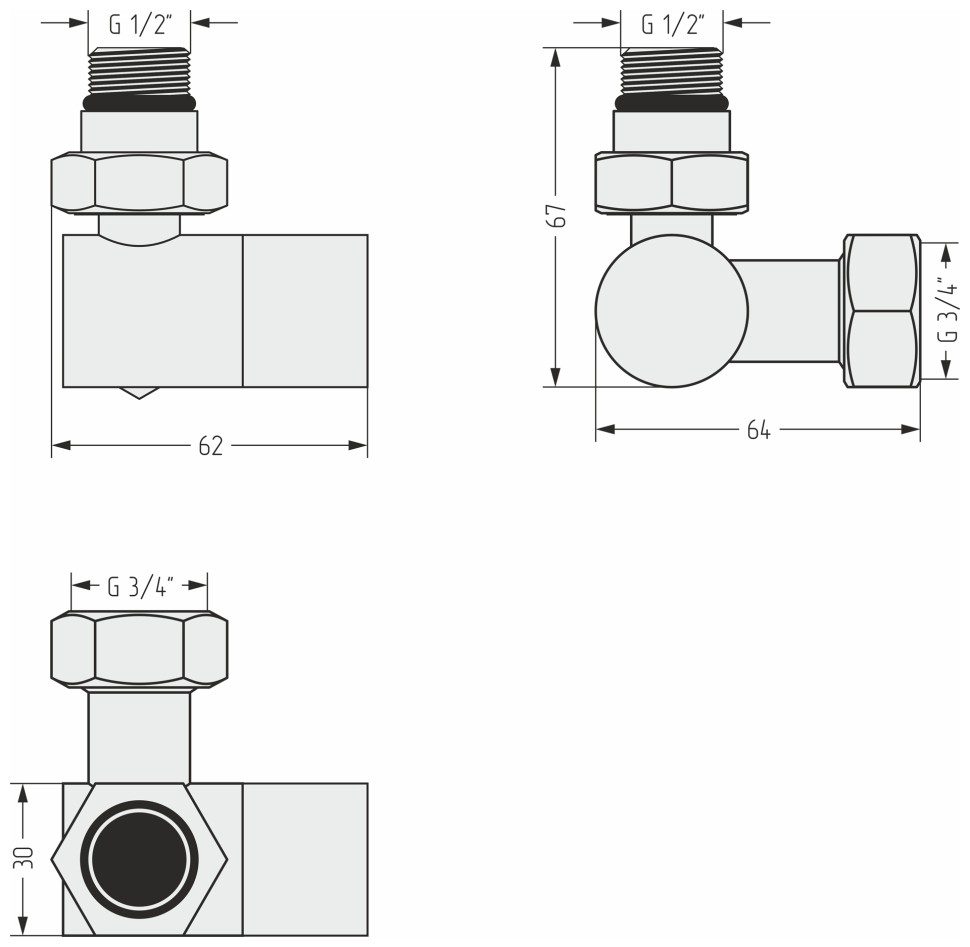 Вентиль 3D левый под шестигранник (G 1/2" НР х G 3/4" НГ)