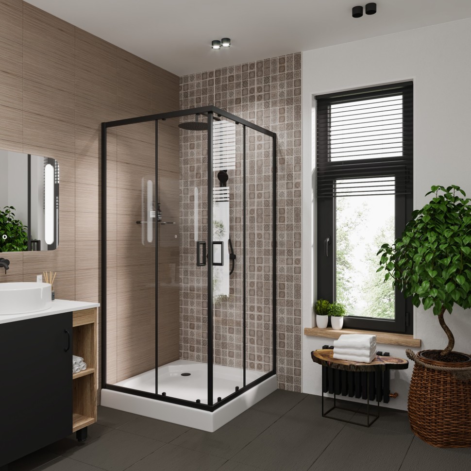 Душевое ограждение Niagara Nova NG-6888-08ВLACK (80х80х195) квадрат,черный,двери раздвижные,стекло прозрачное,1 место