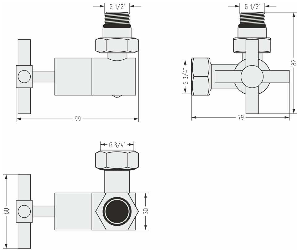 Вентиль 3D правый крест (G 1/2" НР х G 3/4" НГ)