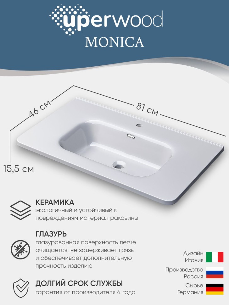 Раковина для ванной 80 см, Uperwood Monica, белая глянцевая