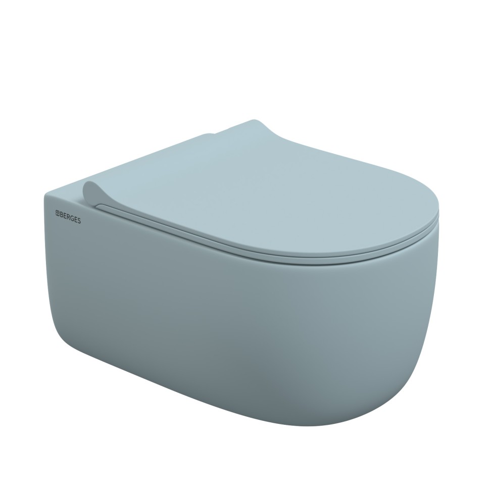 Унитаз подвесной BERGES EGO XL, матовый голубой, микролифт, быстросъёмное