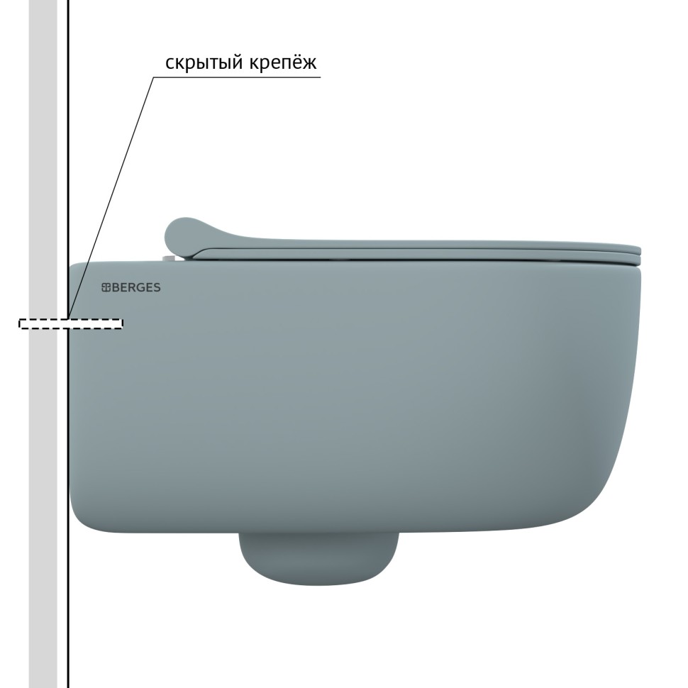 Унитаз подвесной BERGES EGO XL, матовый голубой, микролифт, быстросъёмное