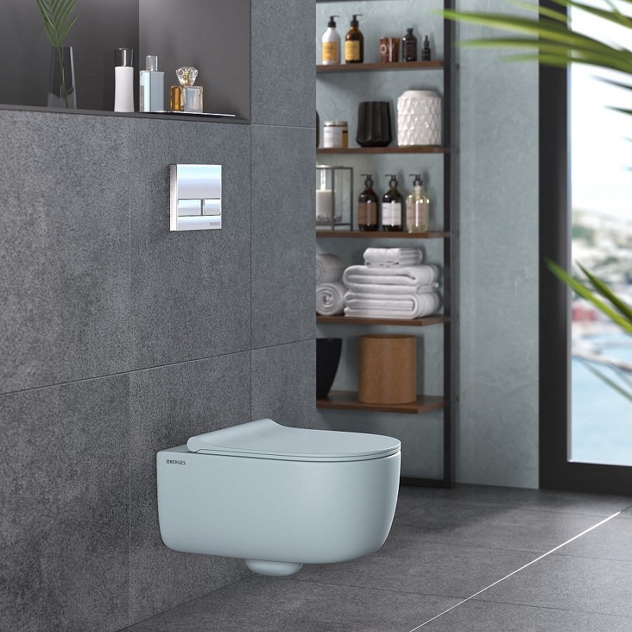 Унитаз подвесной BERGES EGO XL, матовый голубой, микролифт, быстросъёмное