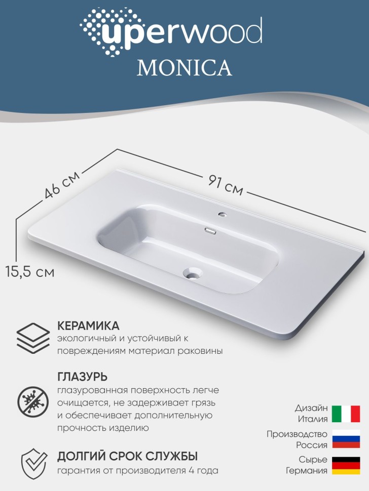Раковина для ванной 90 см, Uperwood Monica, белая глянцевая