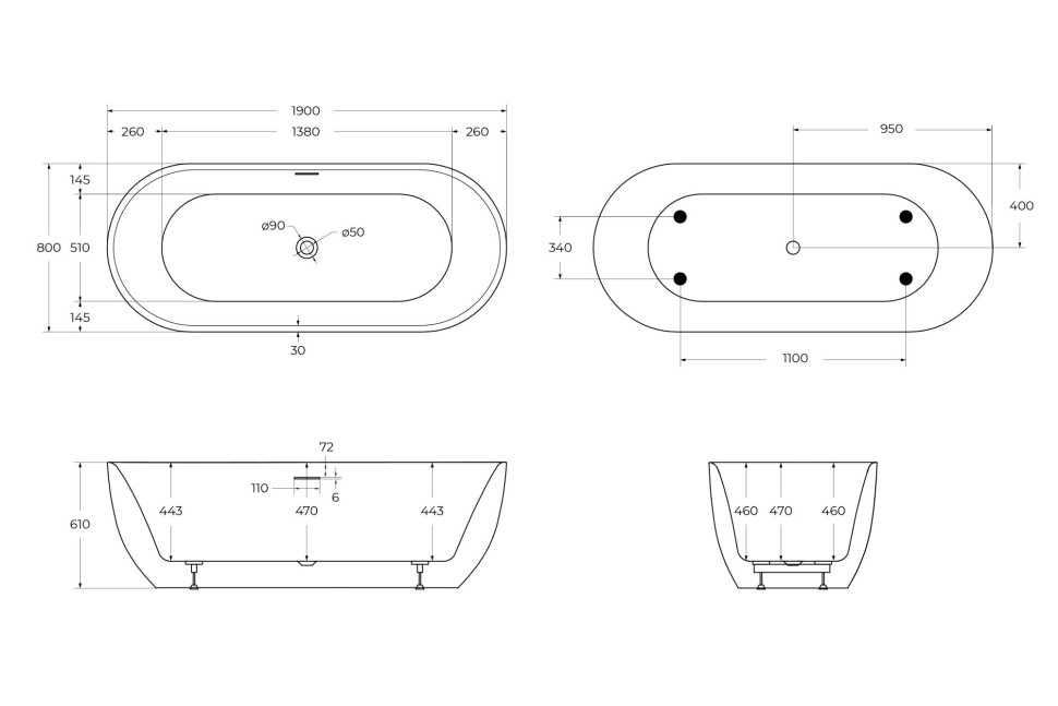 Акриловая ванна BELBAGNO BB417-1900-800