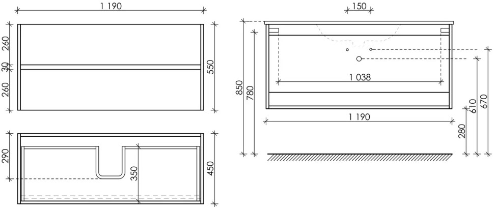 Тумба подвесная SANCOS Urban 1190х450х550, c двумя ящиками оснащенными доводчиками, белый глянец , арт. UR120-1W