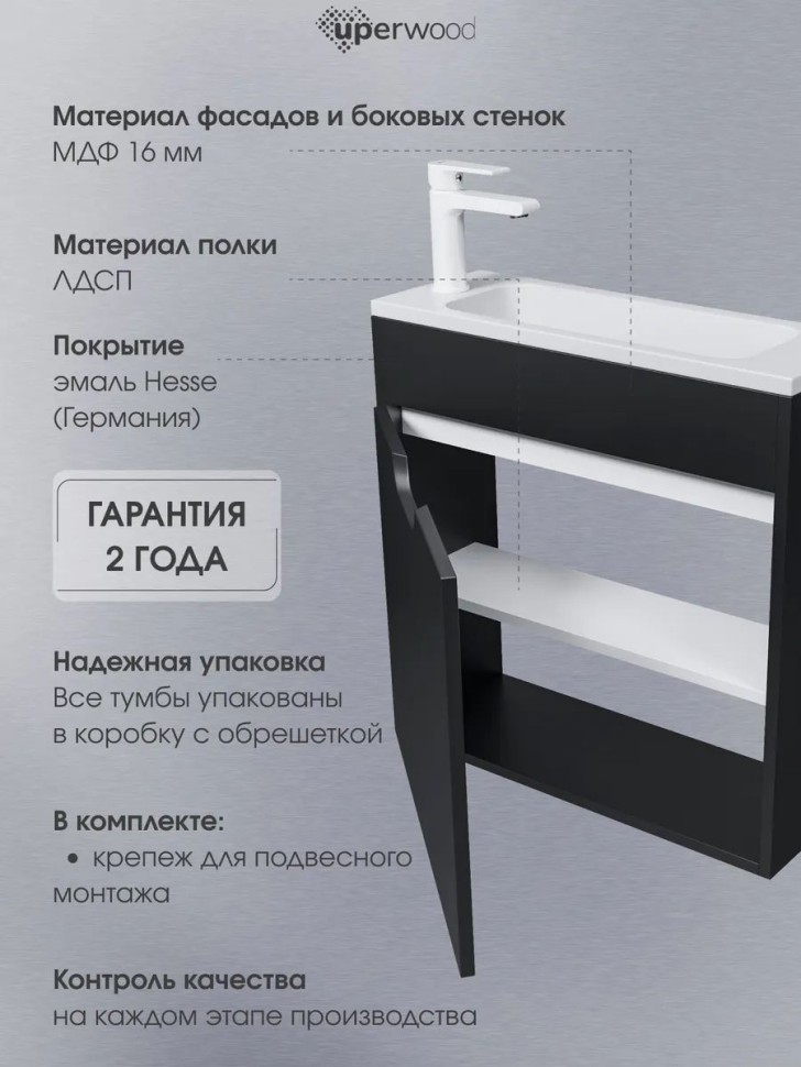 Тумба под раковину для ванной подвесная Uperwood Modul 50х21х60 см, чернаяатовая