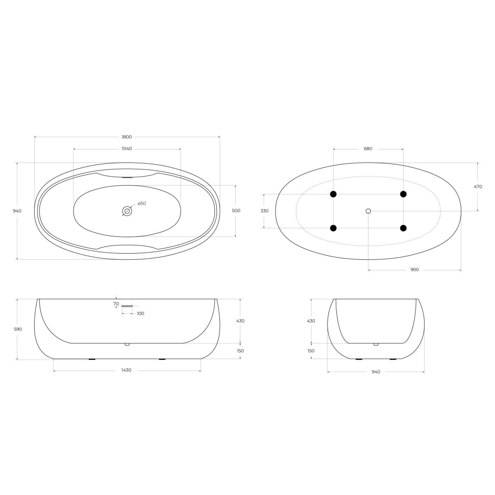 Акриловая ванна BELBAGNO BB502-1800-900, размер 1800х940 мм