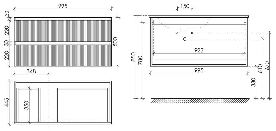 Тумба подвесная SANCOS Snob R левая 995х445х500, c двумя ящиками оснащенными доводчиками, Bianco , арт.SNR100LW
