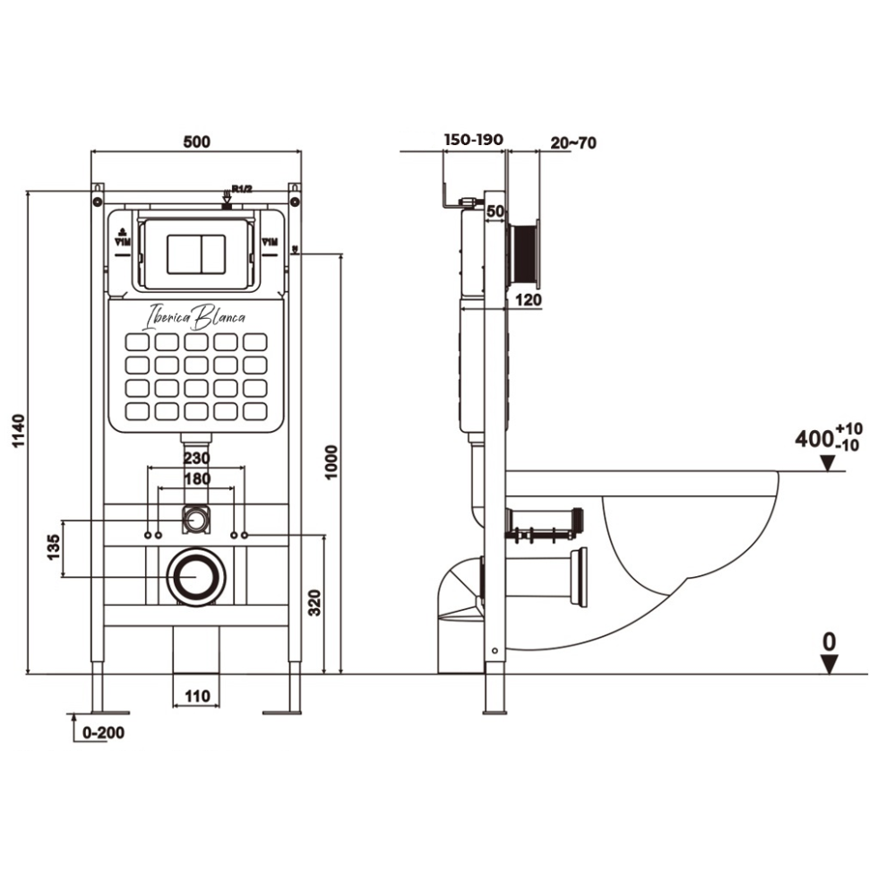 Комплект 3в1 IBERICA BLANCA инсталляция SILENCIO, унитаз BURGOS ALTO белый, кнопка смыва INOX-O золото матовое (IB001.BRA.231.815)