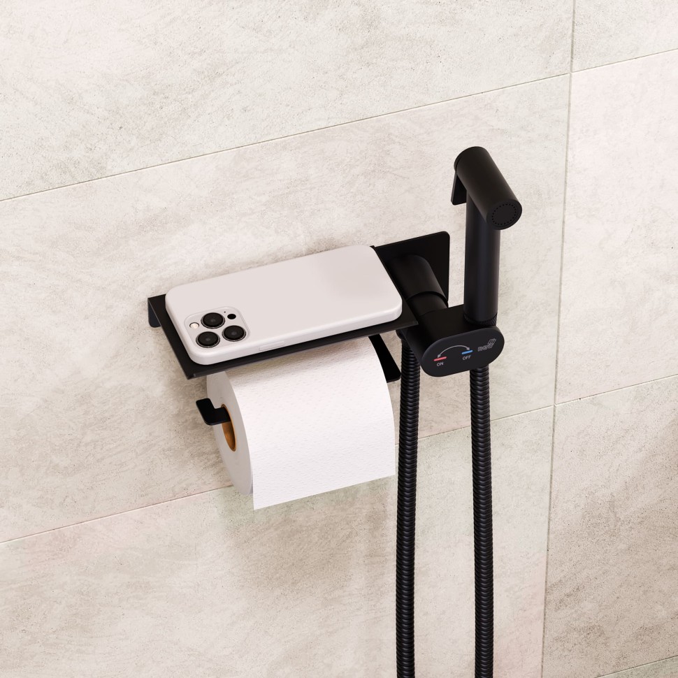 Гигиенический смеситель встроенный c полкой, лейка, шланг в комплекте - RGW SP-221B, черный