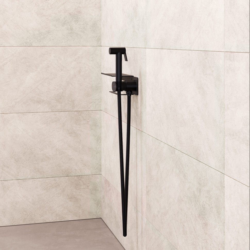 Гигиенический смеситель встроенный c полкой, лейка, шланг в комплекте - RGW SP-221B, черный