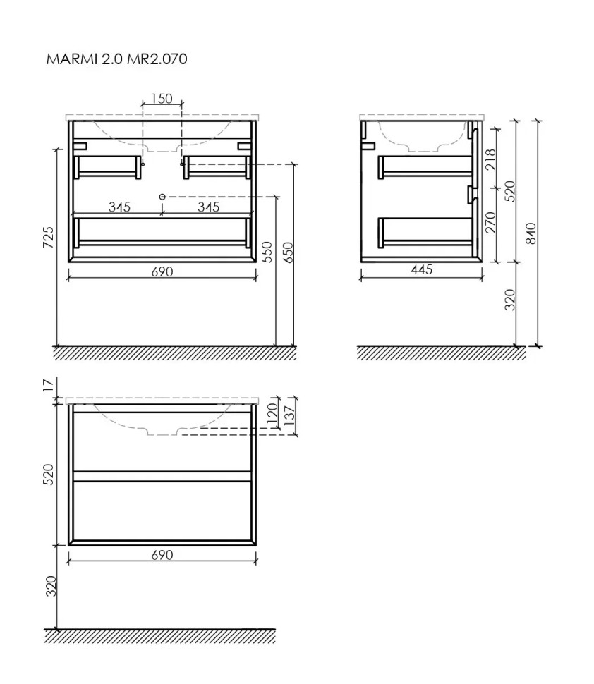 Тумба подвесная SANCOS Marmi 2.0 690х445х520 с двумя ящиками оснащенными доводчиками скрытого монтажа, дуб галифакс натуральный, арт. MR2.070EG