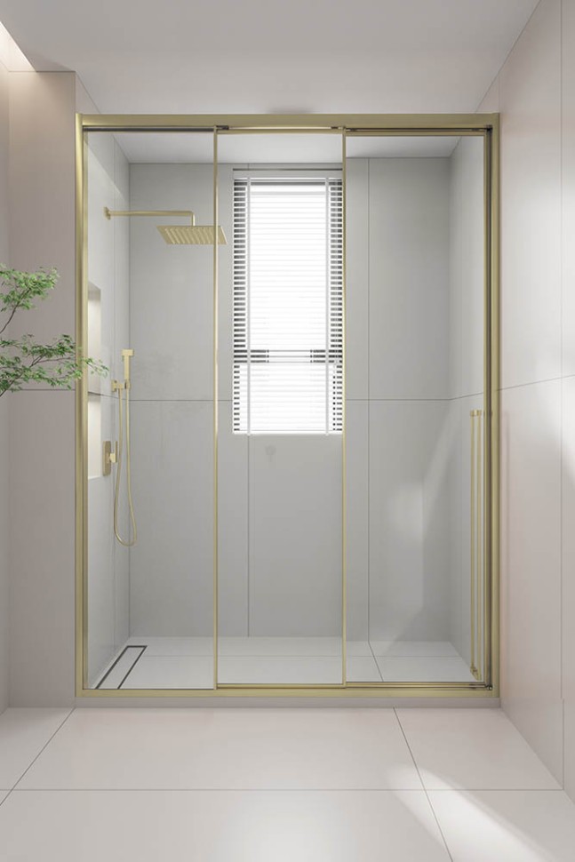 Душевая дверь раздвижная Premium Prato 300 G-L, 1600х2000, золото брашированный, стекло прозрачное