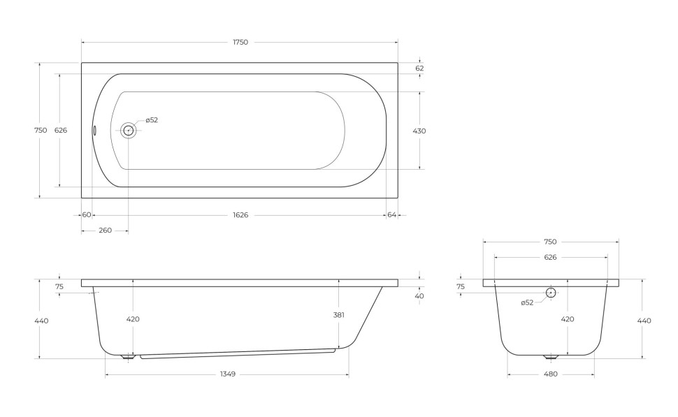 Акриловая ванна CEZARES ECO-175-75-41-W37