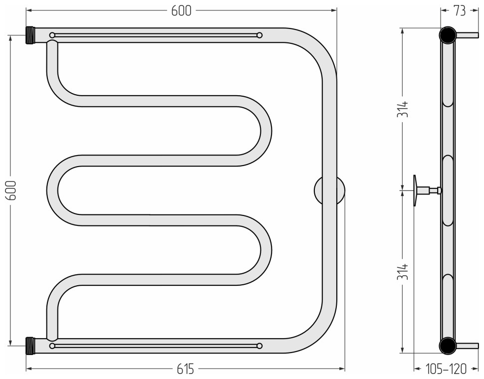Тандем 2 полки 600х600 резьба-сгон 1"