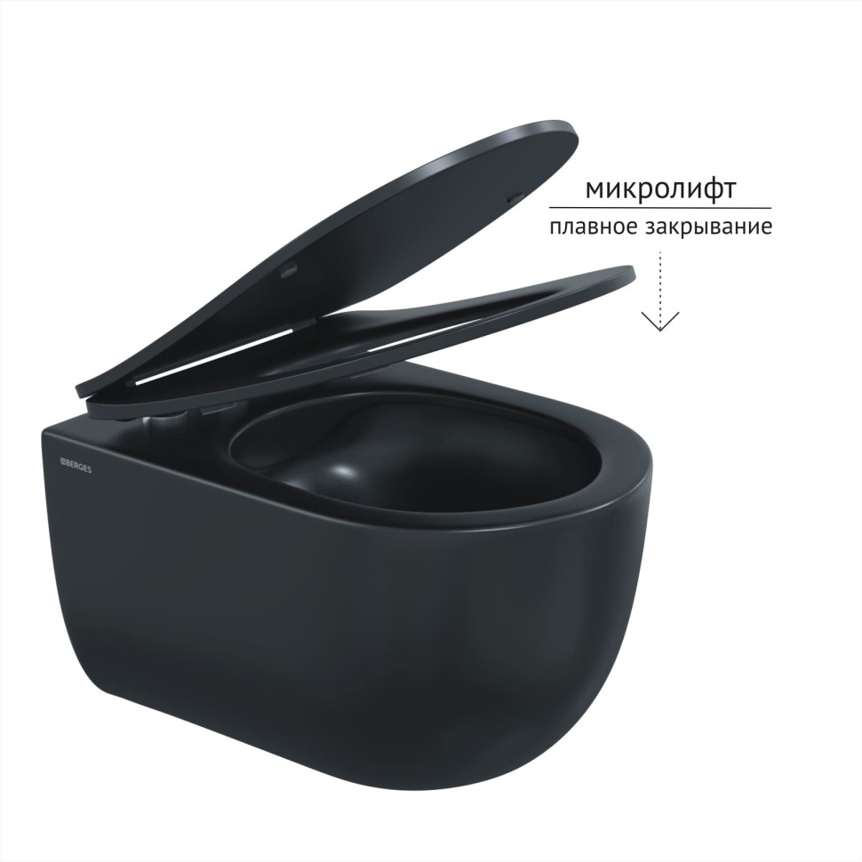Унитаз BERGES подвесной VENTAS Black Rimless 49 см, сиденье дюропласт Ventas Slim SO, микролифт, быстросъём