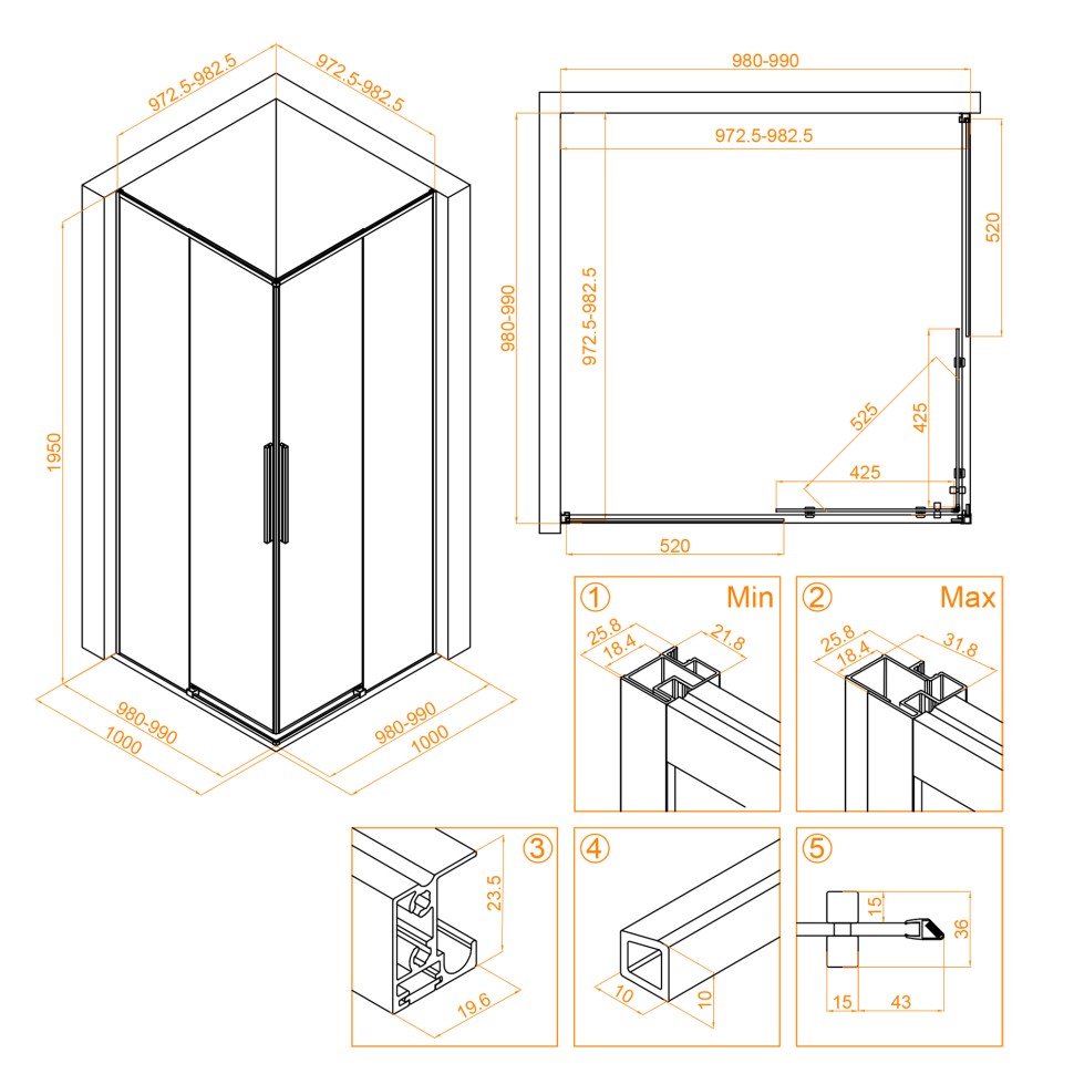 Душевой уголок RGW SV-31B (Прозрачное, 1000x1000)