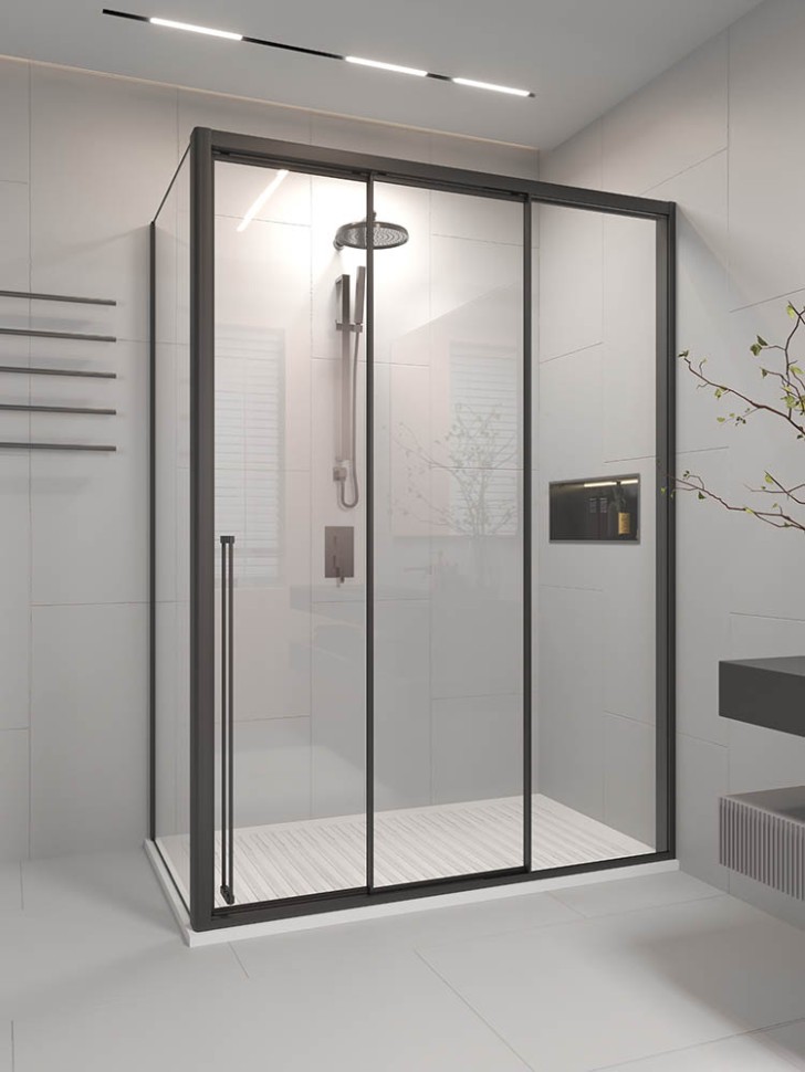 Душевой угол раздвижной Veconi Premium Prato 300 SP B-R, 1100х900x2000, черный матовый, стекло прозрачное