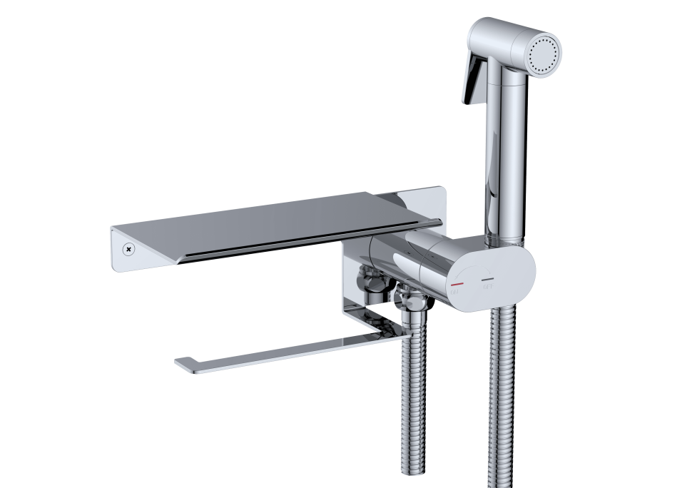 Гигиенический смеситель встроенный c полкой, лейка, шланг в комплекте - RGW SP-221, хром
