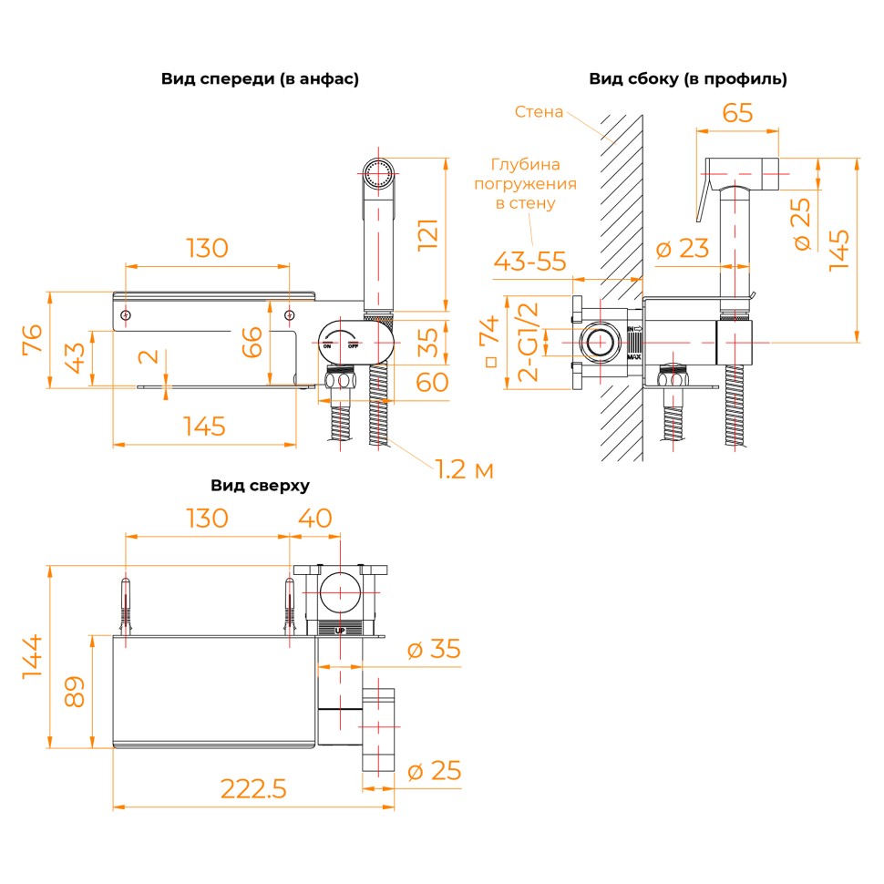 Гигиенический смеситель встроенный c полкой, лейка, шланг в комплекте - RGW SP-221, хром