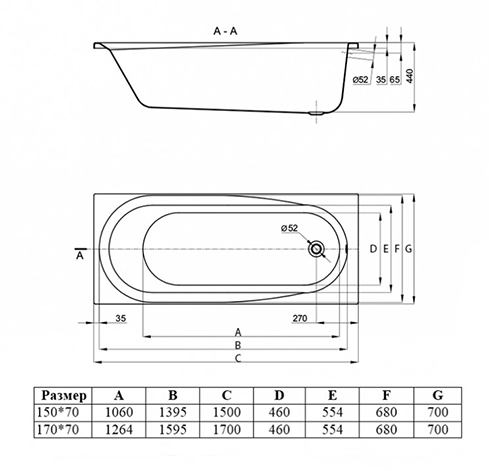Ванна акриловая Vincea VBT-2B150-LG с ножками 1500*700*480, пристенная, цвет белый