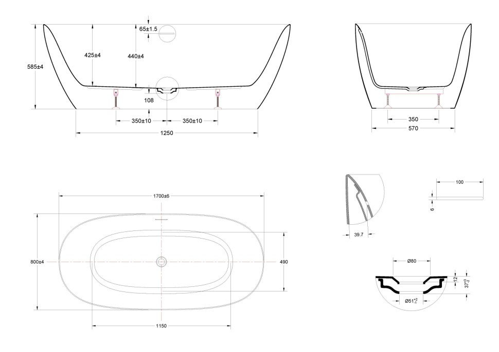 Ванна акриловая Vincea VBT-701-1700MW, 1700*800*585, цвет белый мат., щелевой перелив, слив белый