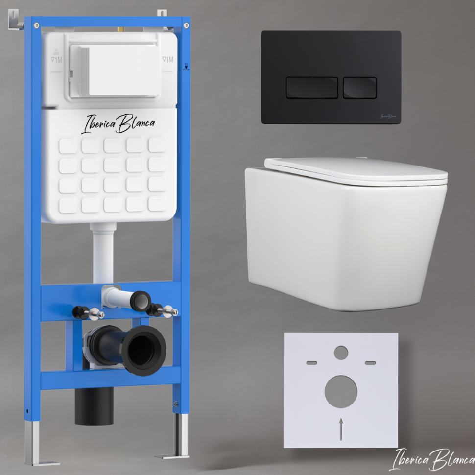 Комплект 3в1 IBERICA BLANCA инсталляция SILENCIO, унитаз TOLEDO ALTO белый, кнопка смыва ESTI-R черный матовый (IB001.TLA.234.212)