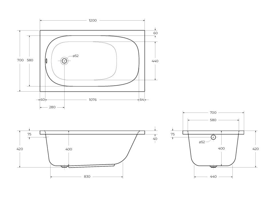 Акриловая ванна CEZARES ECO-120-70-40-W37