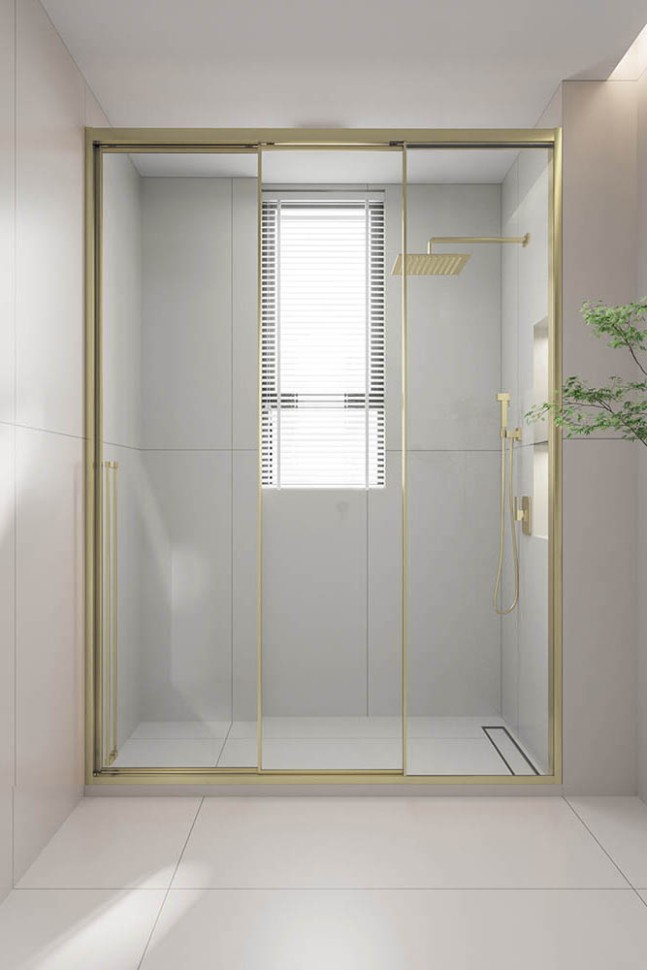 Душевая дверь раздвижная Premium Prato 300 G-R, 1400х2000, золото брашированный, стекло прозрачное