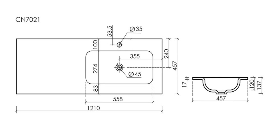 Раковина накладная мебельная CERAMICANOVA Grace прямоугольная 1210x457x137 с чашей справа и отверстием под смеситель цвет белый CN7021