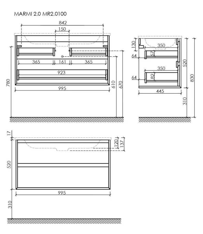 Тумба подвесная SANCOS Marmi 2.0 995х445х520 c двумя ящиками оснащенными доводчиками скрытого монтажа, цвет дуб чарльстон, арт.MR2.0100ECH