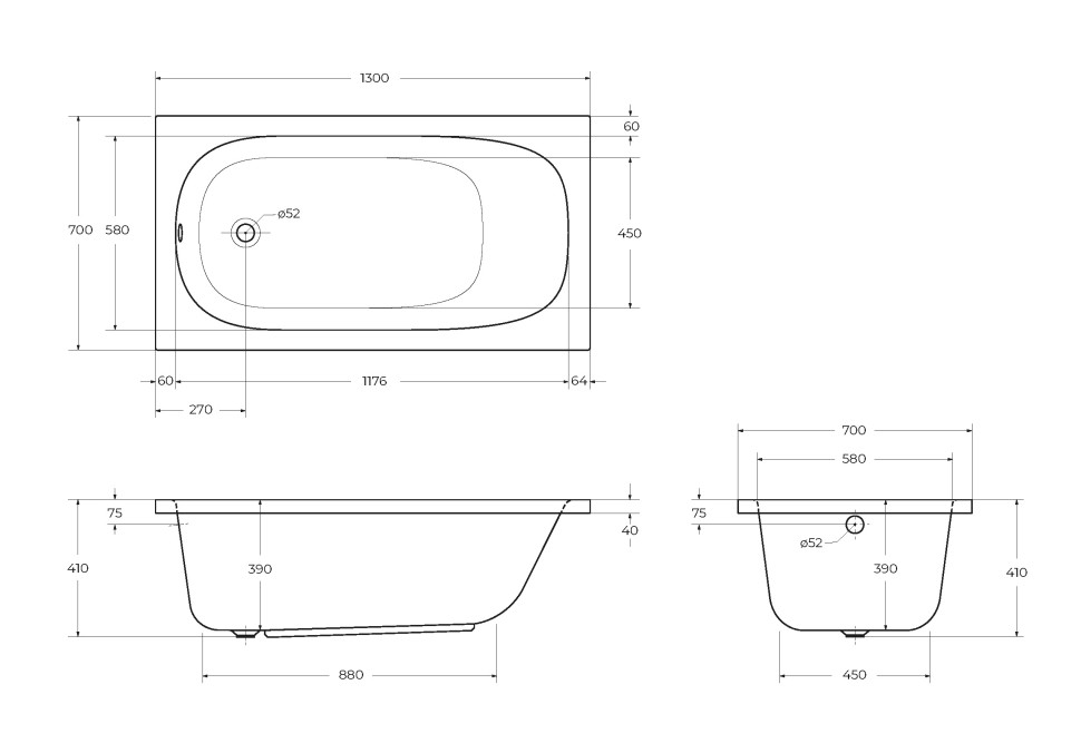 Акриловая ванна CEZARES ECO-130-70-40-W37