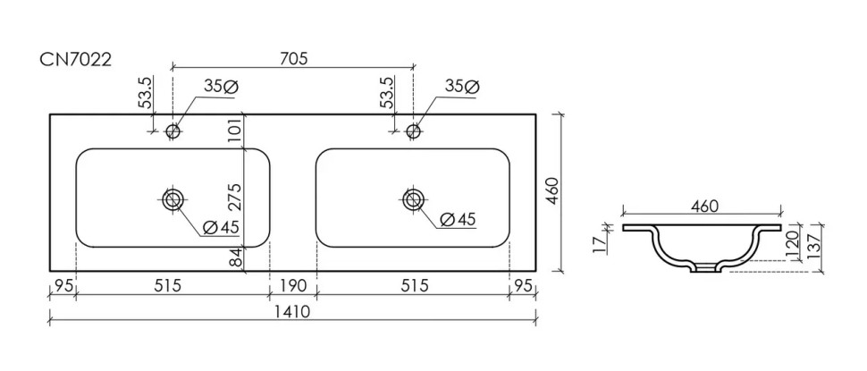 Раковина накладная мебельная CERAMICANOVA Grace прямоугольная 1410x457x137 с двумя чашами и отверстиями под смеситель цвет белый CN7022