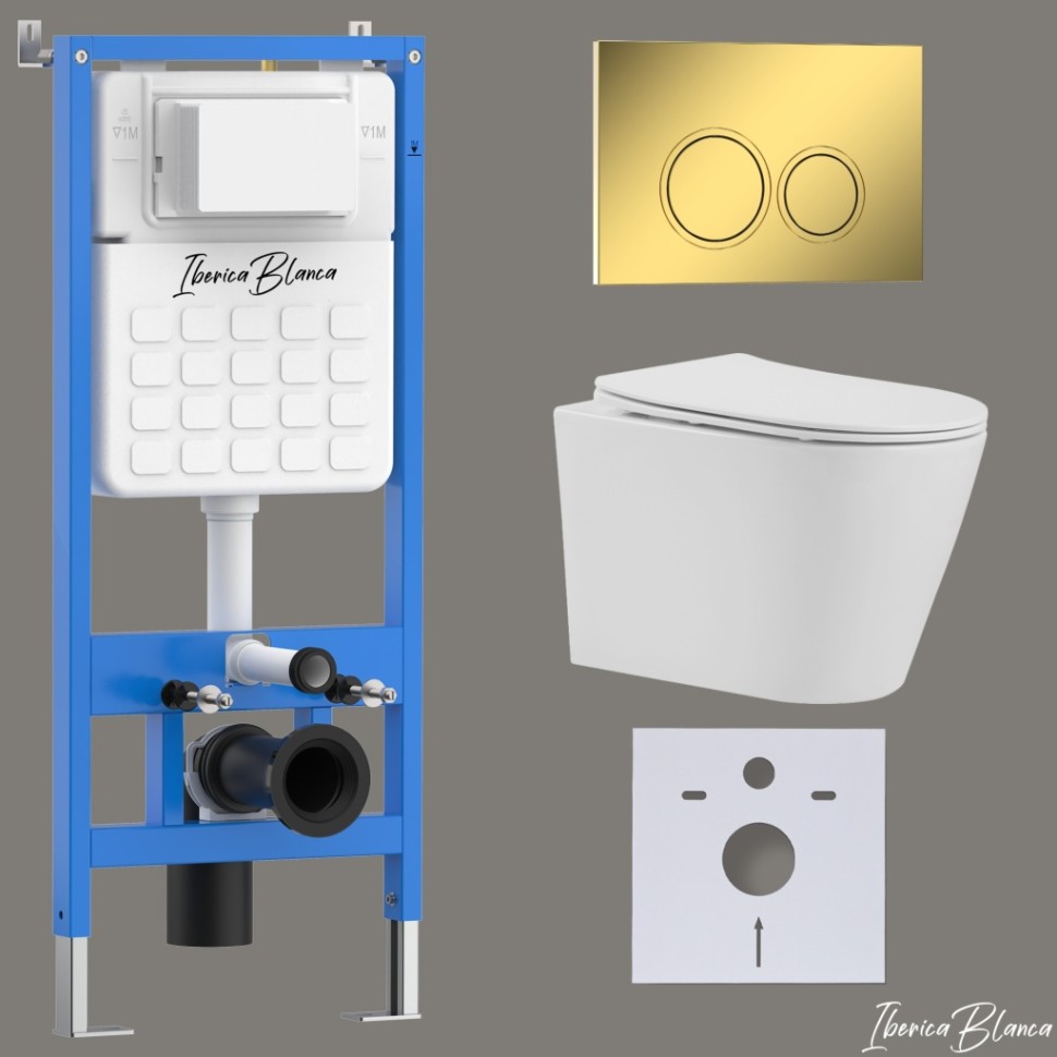 Комплект 3в1 IBERICA BLANCA инсталляция SILENCIO, унитаз BURGOS ALTO белый, кнопка смыва ESTI-O золото глянцевое (IB001.BRA.234.826)