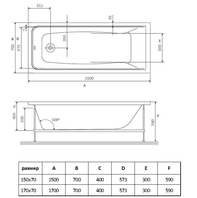 Ванна акриловая Vincea VBT-2G170-LG с ножками 1700*700*470, пристенная, цвет белый